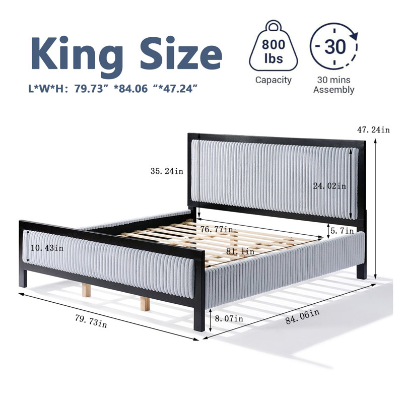 Upholstered Bed With Fluffy Soft Headboard, King