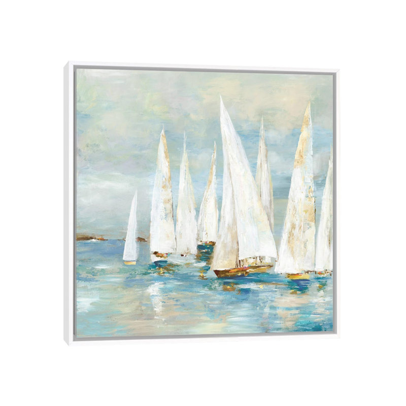 Voiliers blancs de Allison Pearce, reproduction d’art, H 37 po x l 37 po x P 1,5 po, Toile blanche encadrée, Pas de tapis