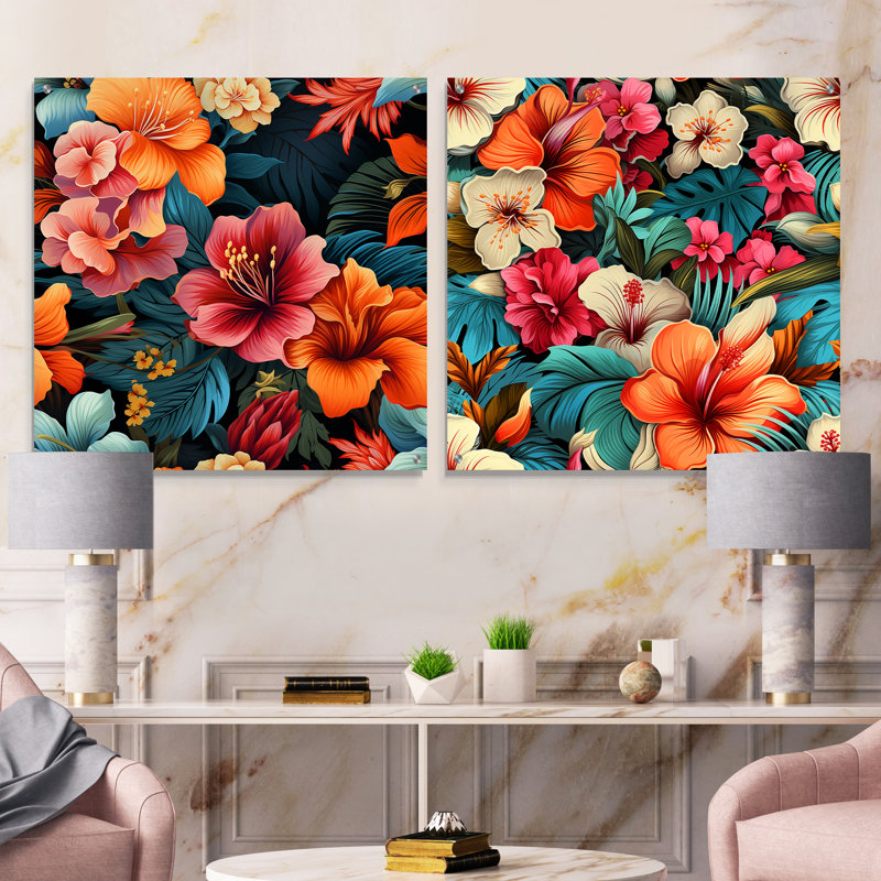 «Tropical Paradise Botanical Paradise» - ensemble d'art mural en acrylique sur verre floral, H 36 po x l 73 po