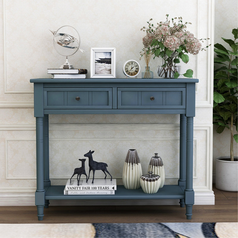 Console Table Traditional Design with Two Drawers and Bottom Shelf, Navy