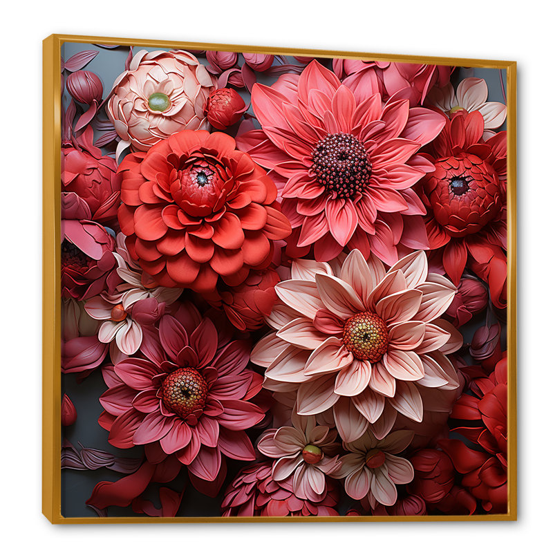 Zinnias rouges - fleurs symboliques, Cadre flottant doré, H 30 po x l 30 po