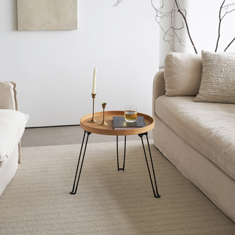 Round Wood And Rattan Side Table, Foldable Table With Metal Tripod, Rattan Round Tray Top, Boho Style, Chic Coffee Table, Foldable Side Table
