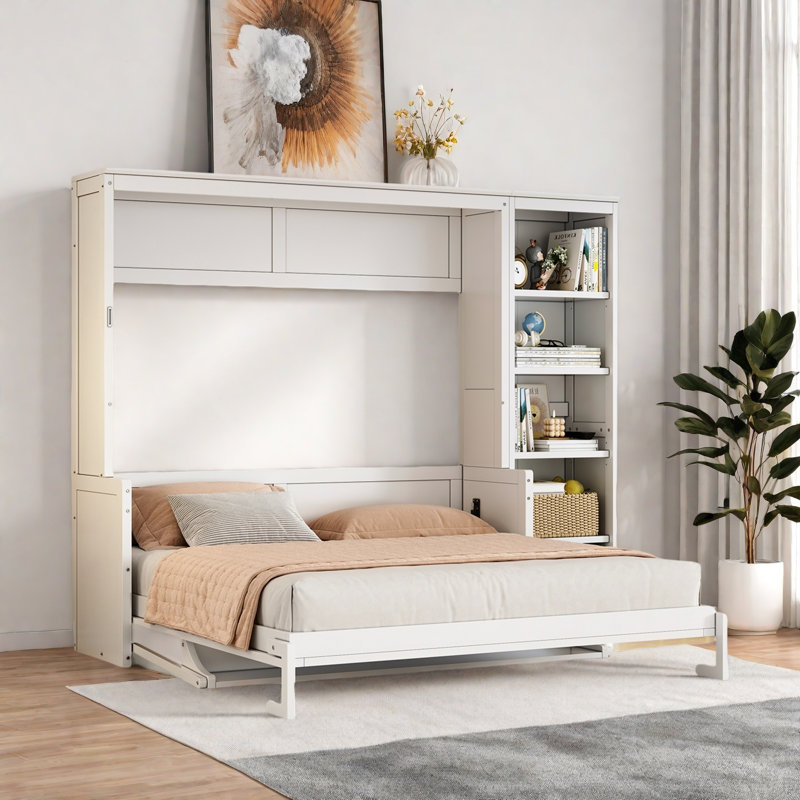 Lit escamotable avec bureau et tablettes Murphy, Grand lit, Blanc