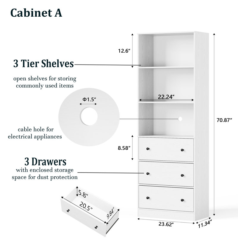 Bibliothèque standard H 70,9 po x l 23,6 po avec 2 tablettes ouvertes et 3 tiroirs, Blanc