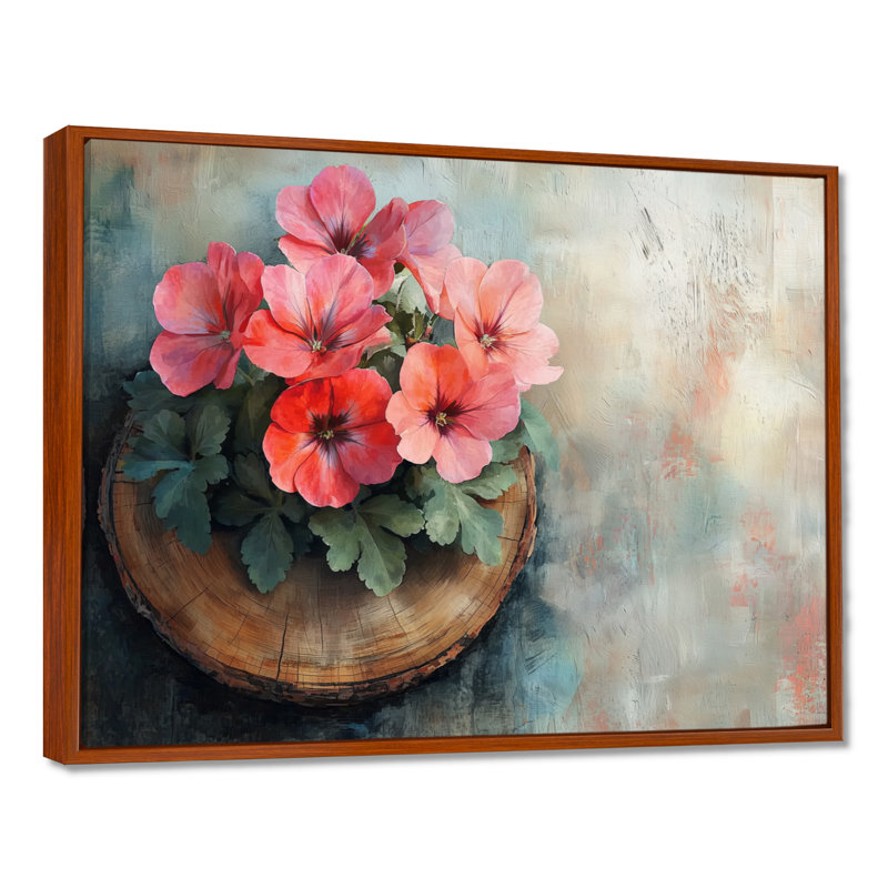 Fleurs de géraniums sur un plateau en bois - Art encadré de géraniums, H 30 po x l 40 po, Cadre flottant, Brun