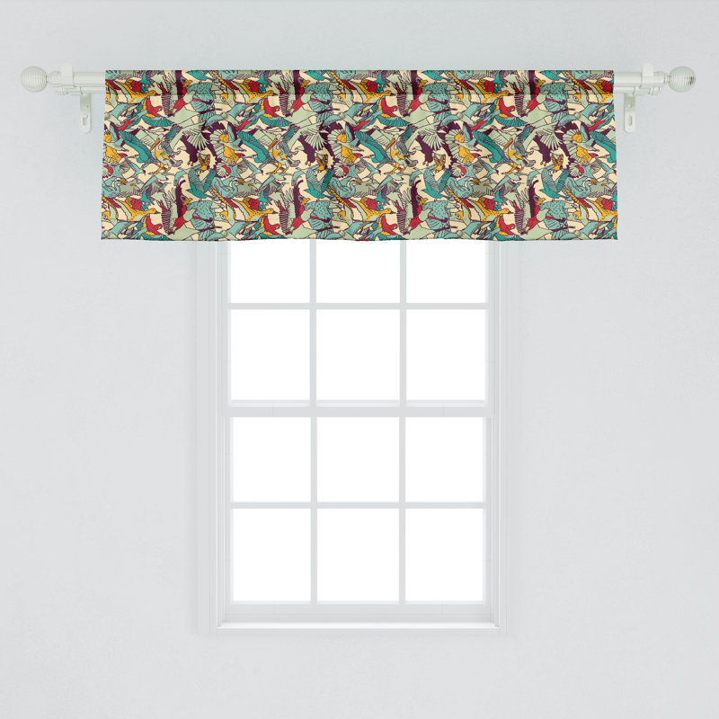 Champagne Multicolor Satin Bird Pattern Rod Pocket Valance Set