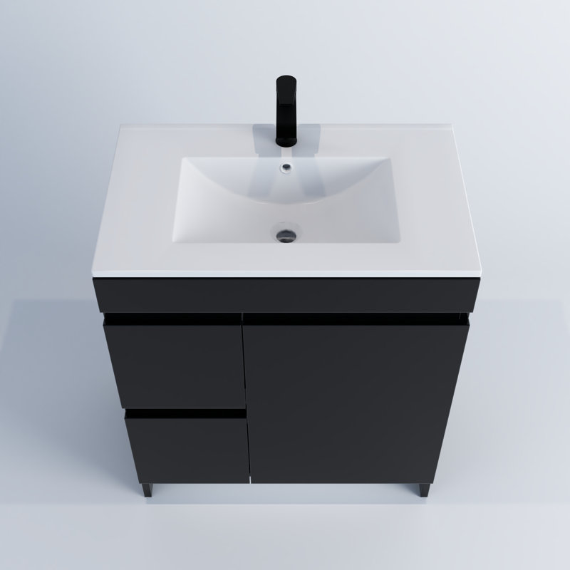 Shalem 30'' Single Bathroom Vanity with Porcelain Top, Glossy Black