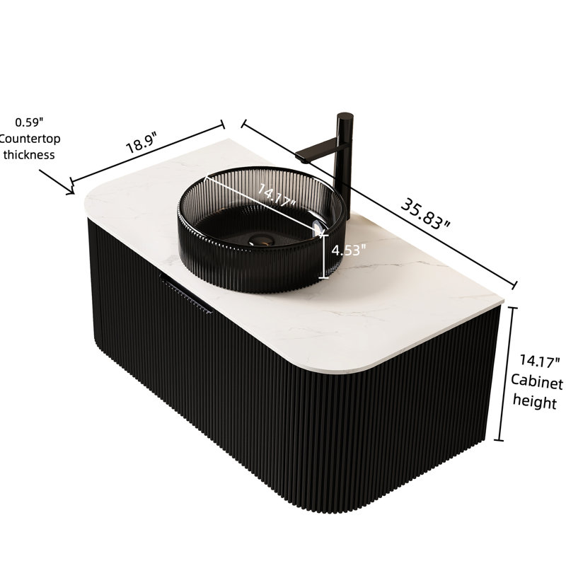 Meuble-lavabo rond transparent noir dans un meuble-lavabo de 36 po, rangement mural à rayures 3D, meuble-lavabo pré-assemblé avec meuble, cuve en verre, tiroir,