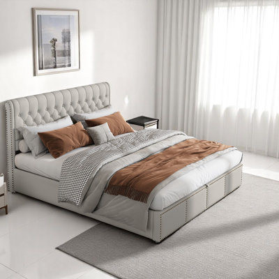 Caddo Velvet Upholstered Bed With Hydraulic Lever, Functional Storage Bed, Rivet Decoration