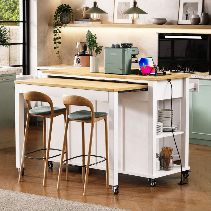 Îlot de cuisine K&K de 119 cm avec table à manger extensible, table de cuisine en placage de bois d'hévéa avec tablette de rangement interne, prise électrique, îlot de cuisine avec rangement 2 tiroirs et 2 placards.