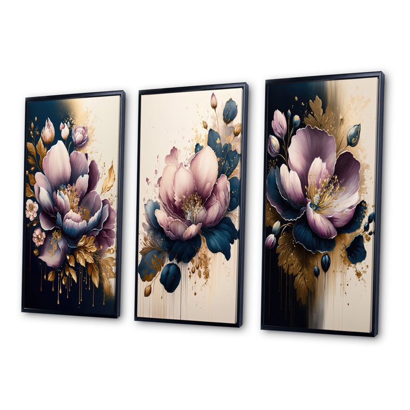 «Deep Pink and Blue Crocus Flower», 3 pièces sur toile, Noir, H 40 po x l 60 po