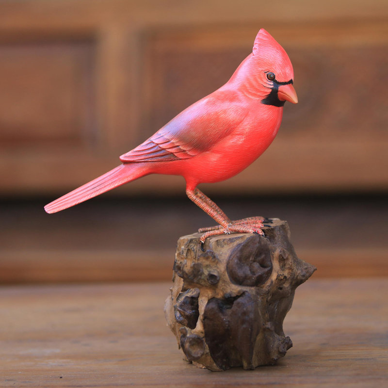 Perched Virginia Cardinal Wood Sculpture