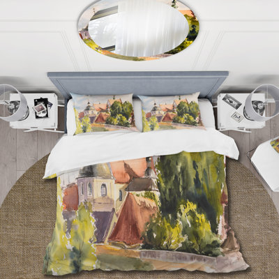 Ensemble de housse de couette traditionnel View of Old French City In Nature - microfibre de polyester