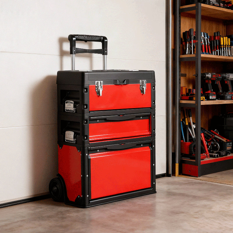 Boîte à outils 3-en-1 empilable avec roulettes, Rouge
