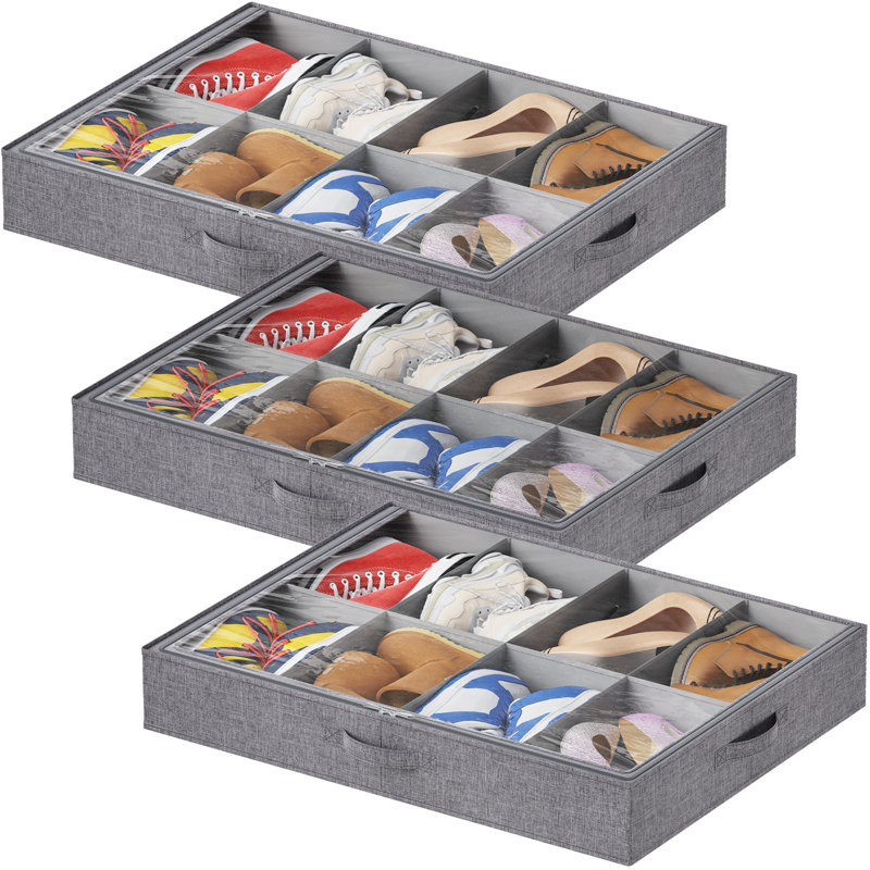 Under Bed Shoe Storage Organizer Fits 8 Pair Boots, 4.3 Inches Tall Sturdy Structure Ultra Thick Fabic Sneaker Storage, Foldable Underbed Shoe Boxes For High-Tops, Heels, Sports Shoes 3 Pack