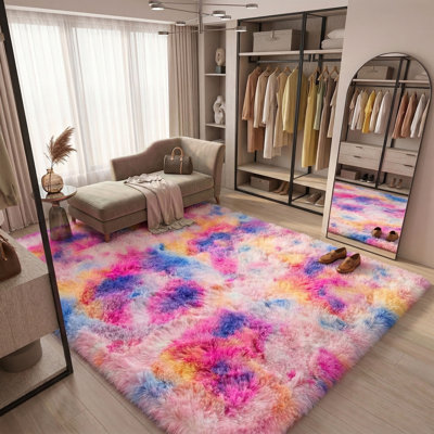 Rainbow Pink Living Room Shag Rugs, Soft Fuzzy Plush Rug for Bedroom, Comfy Modern Shaggy Carpet For Spring Home Decor, Upgrade Non Slip Backing, Ideal For High Traffic Areas Indoor
