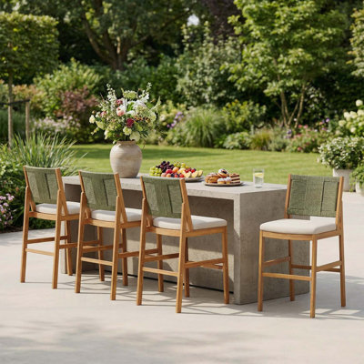 Tabouret de bar d'extérieur vert 4 pièces en bois d'acacia massif et osier tissé Arly, durable et élégant pour le patio et le balcon