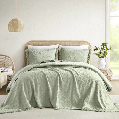 Ensemble de couvre-lit pour grand lit 3 pièces - chenille florale avec bordure frangée, mélange de coton respirant léger, couverture généreuse pour une utilisation en toutes saisons, peluche et produit, lavable à la machine