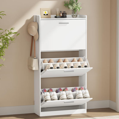 3-Tier Flip-Drawer Shoe Cabinet, 6.3" Slim Profile Wood Entryway Shoe Organizer, Anti-Tip Narrow Shoe Storage Rack for Small Apartments & Hallways 