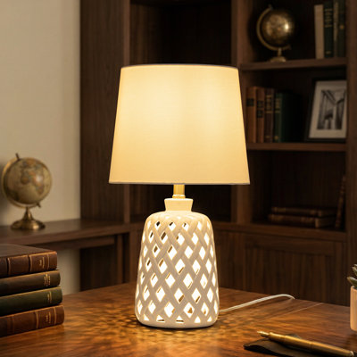 20" Modern White Ceramic Table Lamp With Hollow Cut-Out Base, 3-Way Rotary Switch & Fabric Shade