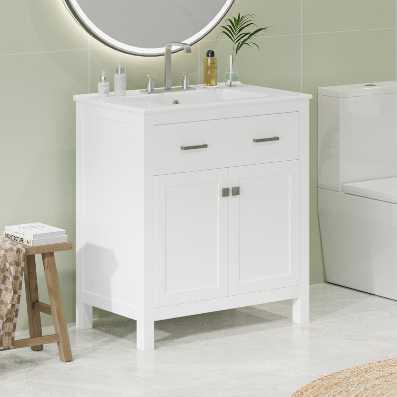 Meuble-lavabo moderne de 30 pouces avec lavabo en céramique, portes à fermeture en douceur et rangement spacieux pour des salles de bain élégantes et fonctionnelles