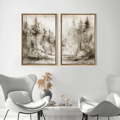 Greenish Tan Pine Tree Forest Illustrations Abstract Nature Landscape Modern Art Living Room Decor Framed On Canvas 2 Pieces Set