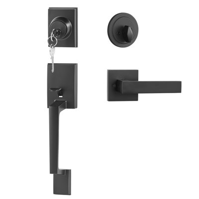Poignée et verrou de porte d'entrée, poignée carrée avec levier, cylindre simple, entraxe réglable, réversible pour portes d'entrée à ouverture à droite et à gauche, noir mat