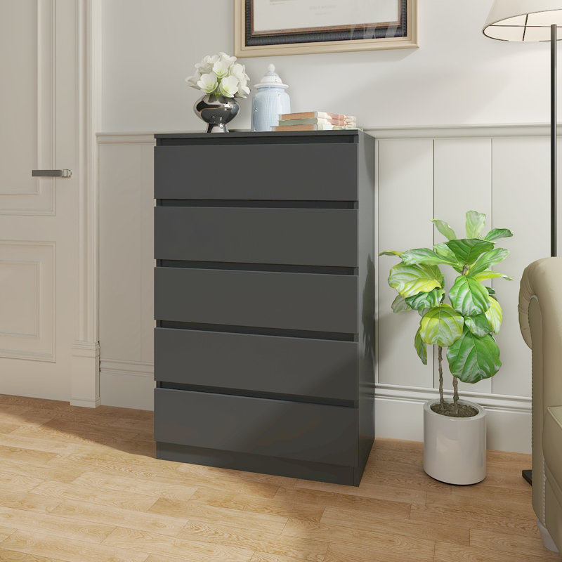 Deloise 5 Drawer 70Cm W Chest of Drawers Nightstand Bedside Cabinet, Dark Grey
