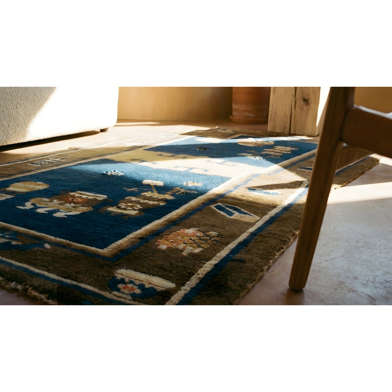 Tapis de selle antique en laine bleu marine et brun