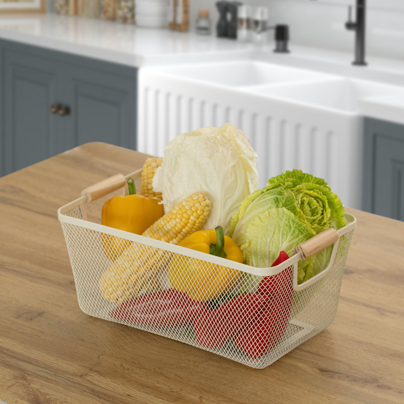  Multipurpose Metal Mesh Basket With Wooden Handle Storage Organizer For Kitchen Pantry Bathroom Cabinet Closet Countertop Fruit Holder Picnic Food And Beverages Carrier And Home Decor, Large