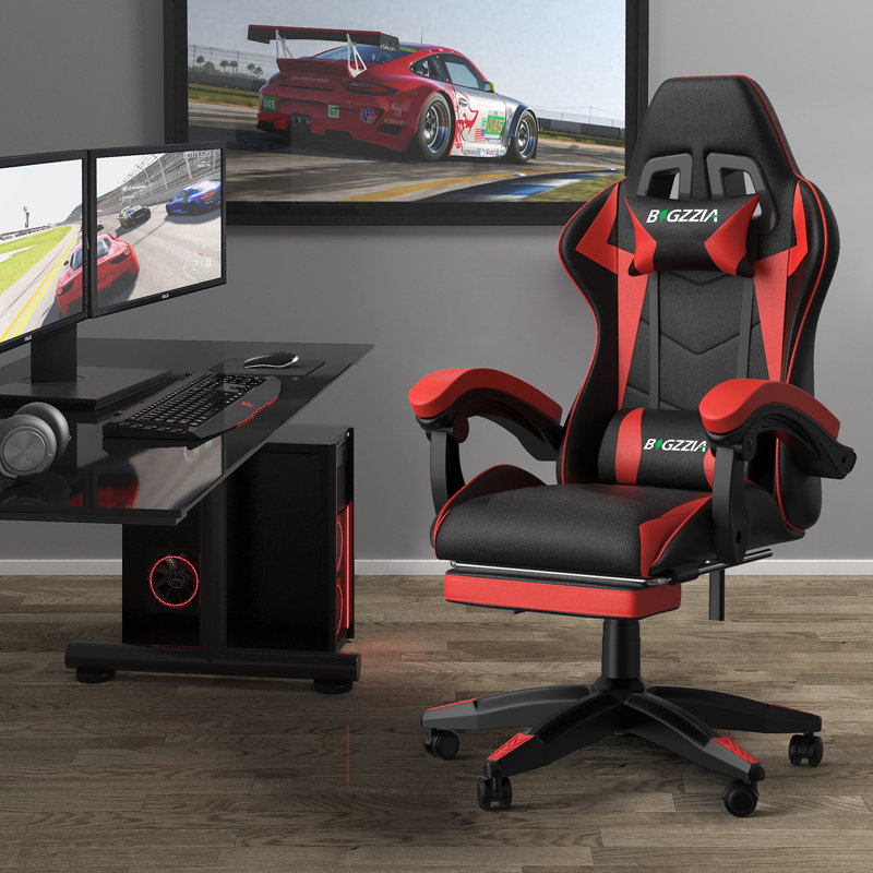 Reclining Game Chair With Footrest, Black/Red