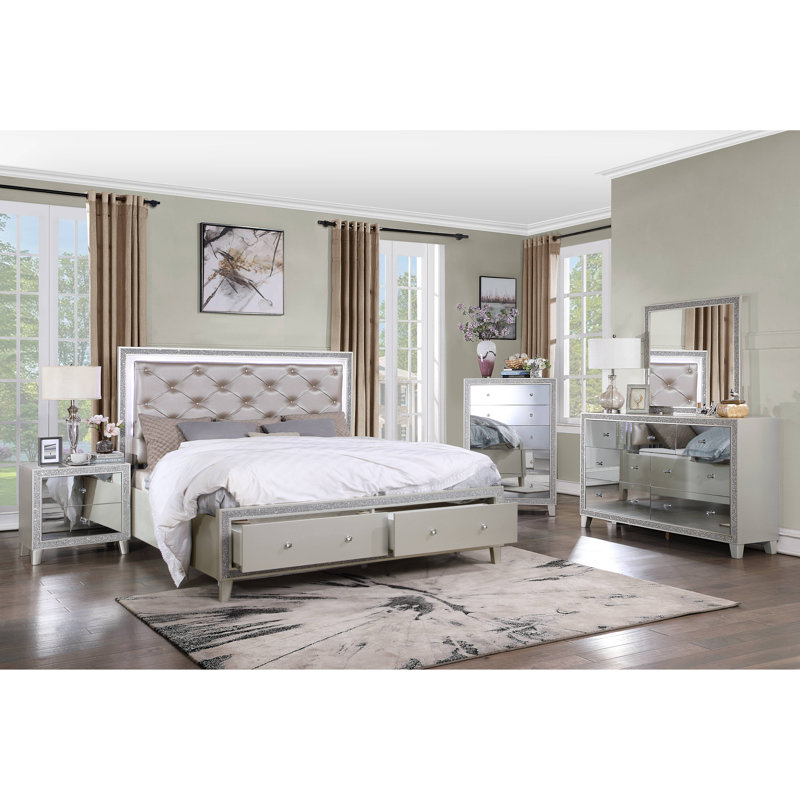 Commode 5 tiroirs Sliverfluff en miroir et champagne