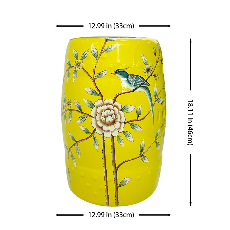 Yellow Peony and Bird Ceramic Garden Stool