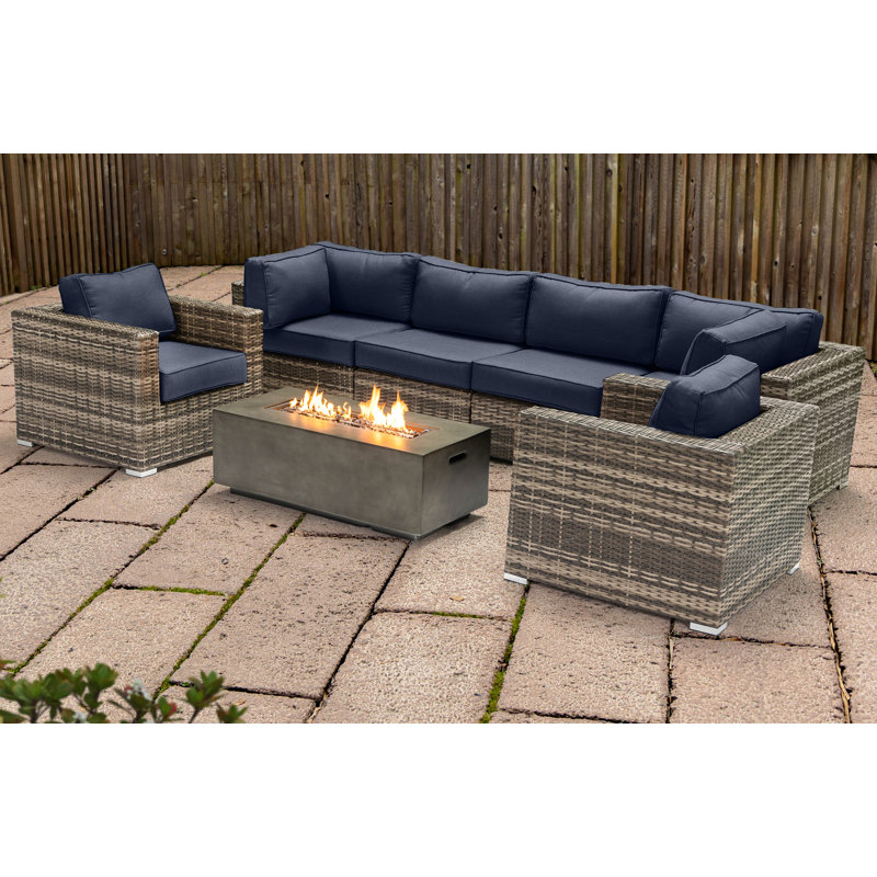 Lsi Fully Assembled 6 Person Seating Group With Firepit And Sunbrella Cushions, Sunbrella Navy Blue 