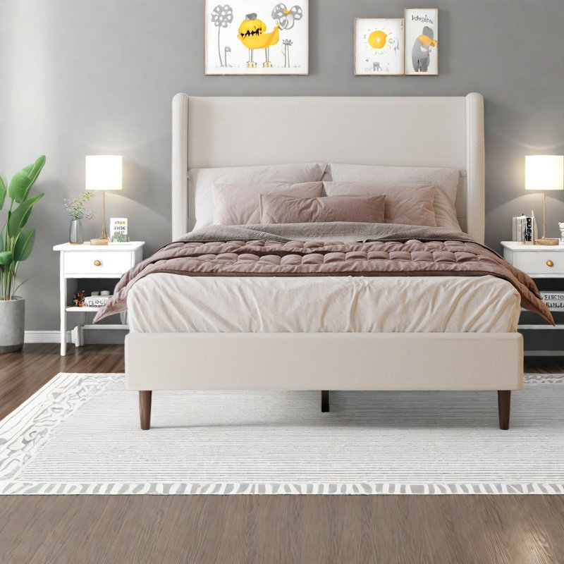 Lit Queen avec tête de lit haute, cadre en bois chenille blanc ivoire, chambre moderne
