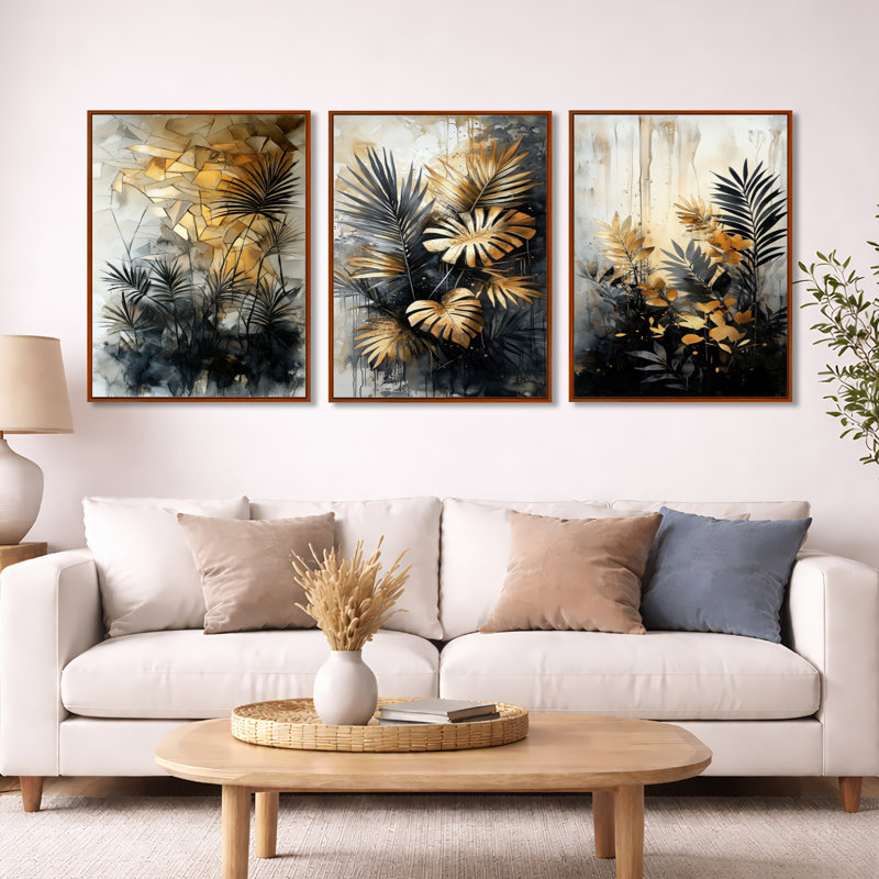 Décoration murale encadrée 3 pièces Lush, H 32 po x l 72 po, Cadre flottant brun