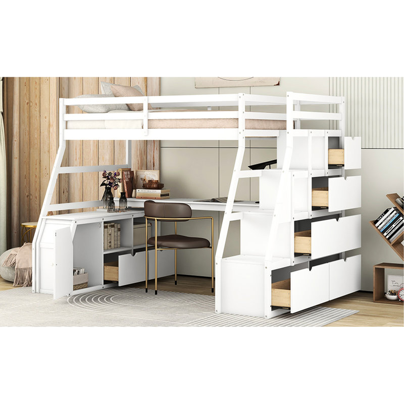 Lit mezzanine simple avec bureau, 7 tiroirs et 2 tablettes en blanc - stable 6 ans et plus