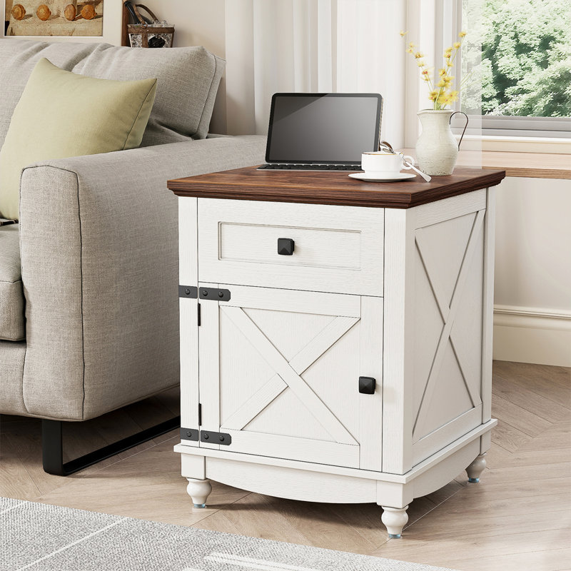 Farmhouse End Table, Side Table, Nightstand With Adjustable Shelf And Drawer
