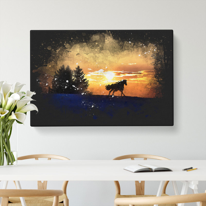 Wild Horse at Sunset Vol.2 Paint Splash - Wrapped Canvas, 35cm H x 50cm W x 3cm D