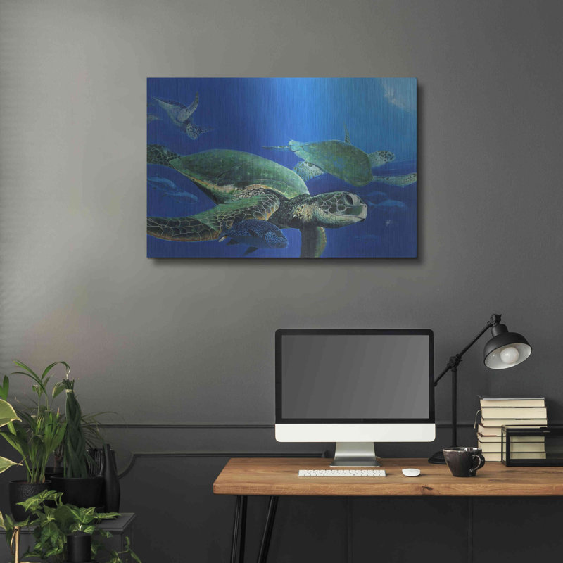 Art mural en métal Beachcrest Home ™ «Green Sea Turtles» par Durwood Coffey, H 24 po x l 36 po