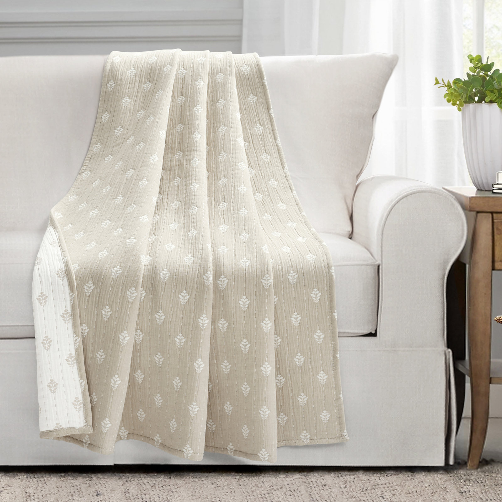 Yetta Cotton Plain Weave / Muslin Throw Blanket, Neutral/Off White