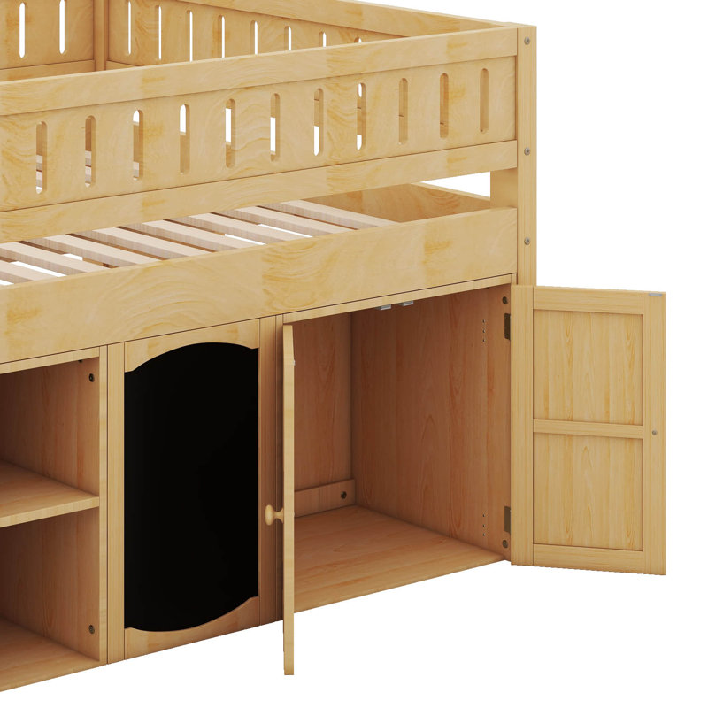 Full Size Low Loft Bed With Storage Cabinet And Chalkboard Panel, Wooden Loft Bed Frame With Storage Shelves For Kids Teens