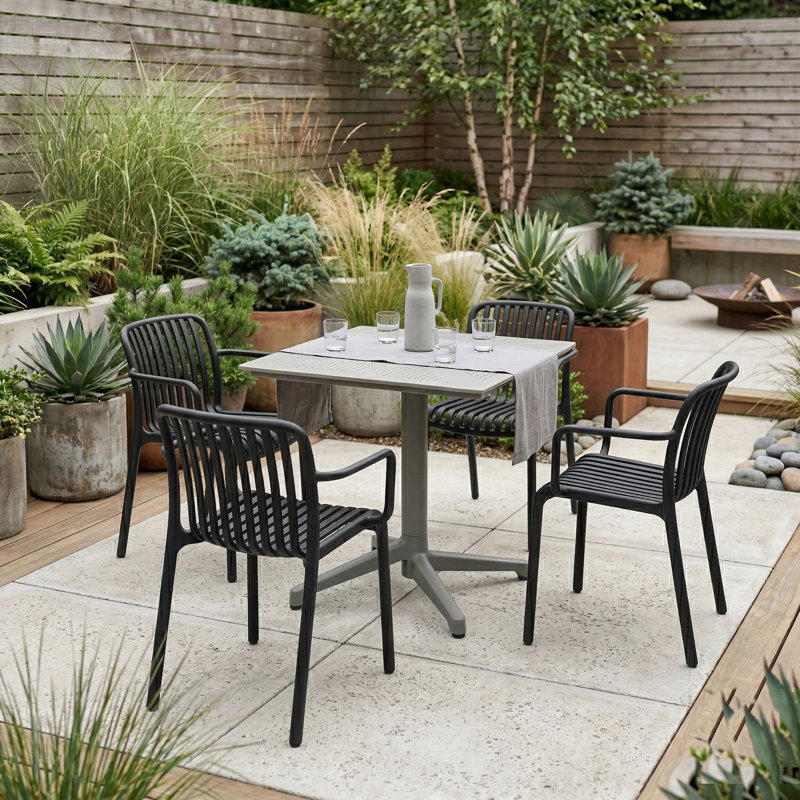 DANBY Square Folding Table Nickel Grey with 4 ALMA Armchair Black Set