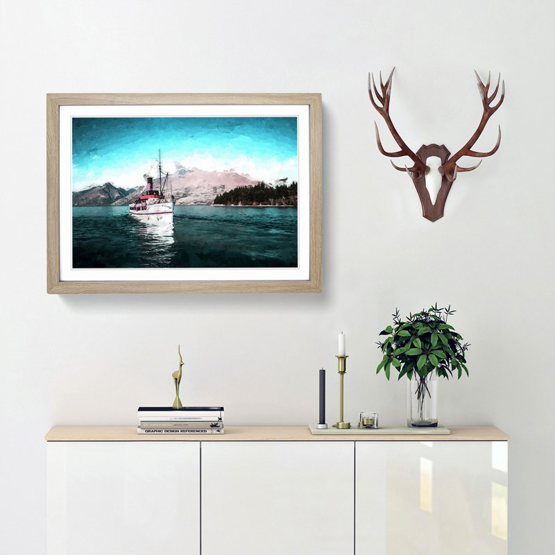 Boat on the Lake in New Zealand in Abstract - Picture Frame Painting Print, Oak Framed, 48cm H x 65cm W x 2cm D