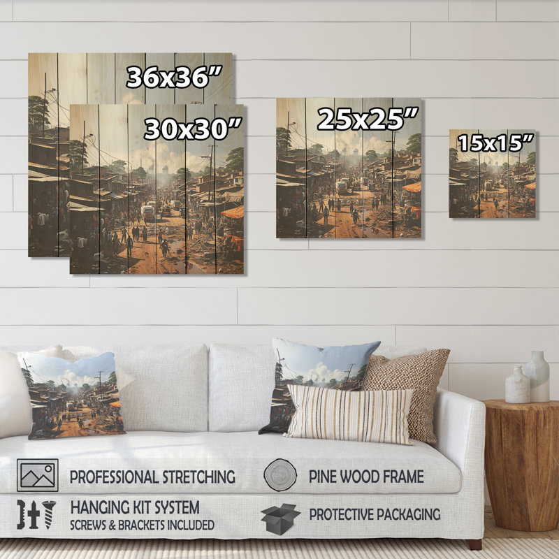 African Hausa Market Day - Cityscape On Wood Print, 25" H x 25" W