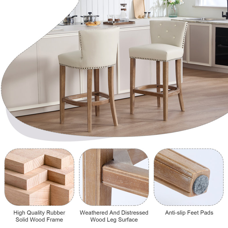Set of 2 Bar Stools with Backrest, Genuine Leather Seat and Solid Wood Frame, Counter Height Chairs for Kitchen Island and Dining Room