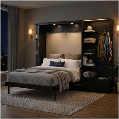 Murphy Bed with Storage & Lights, Hidden Fold-Out Legs, Oak Veneer Finish, Built-in Shelves & Cabinets, Space-Saving Wall Bed with Hook for Small Spaces