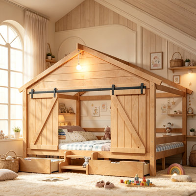 Kids Low Bed with Storage Drawers and Led Light, Wood House Bed with Sliding Barn Door, Full Size, Light Natural