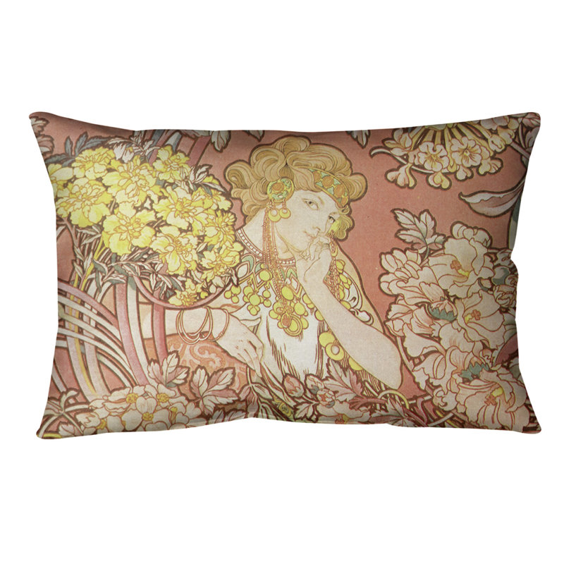 Coussin lombaire à fleurs alphonse mucha, Orange, Polyester sergé