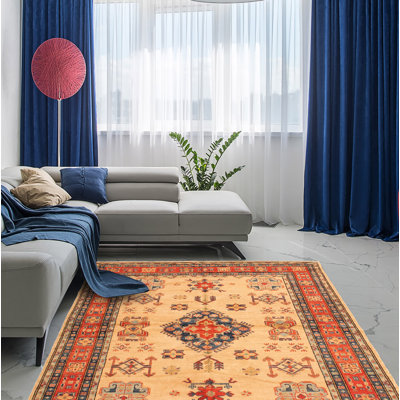 Tapis unique en laine noué à la main 5 pi 1 po x 6 pi 3 po nouvel âge Gurmail - orange / bleu / beige